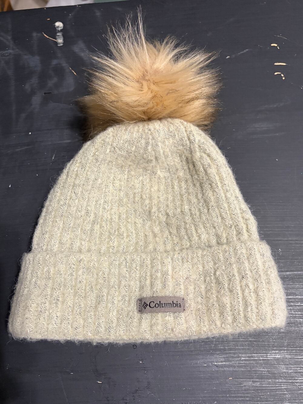 Columbia Beanie Hat Faux Fur Pom Cable Knit Ivory Winter Ski Unisex Cap